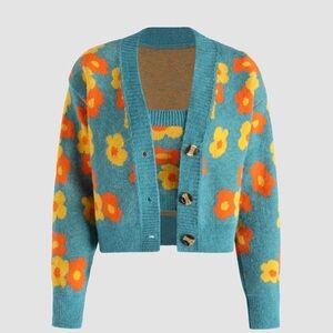 Cider Delightful Day Blue and Orange Floral Cardigan